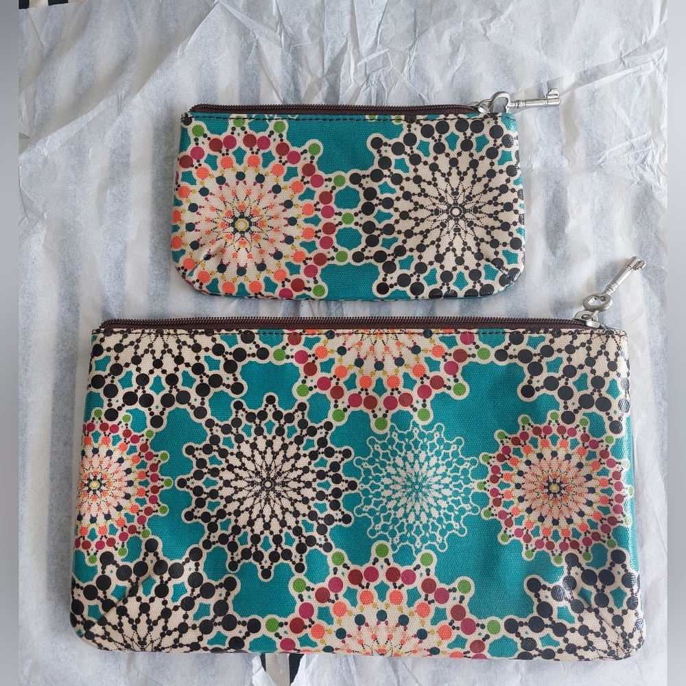 Fossil Key-Per Canvas Pouch Wristlet Set Cosmetic Bag Vintage